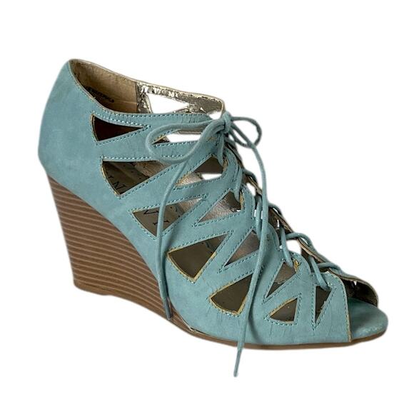 Jun & Ivy Kirra Wedge 4” Heel Sandal Lace Up Open Toe Light Blue Suede Size 7.5M - Picture 1 of 10
